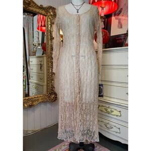 vintage 1980s beige sheer lace maxi dress 80s fashion casual wedding victorian L